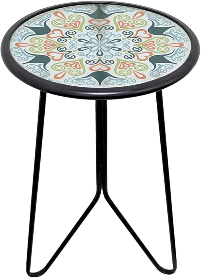 LIFFY Patio Side Table, 12" Outdoor Metal Side Table with Glass Top, Indoor Round Accent End Table for Living Room or Bedroom, Small Decorative Plant Stand Table for Garden Yard Balcony