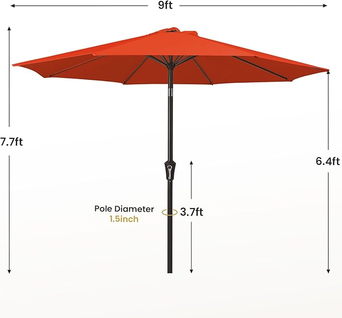 MEWAY 9ft Patio Umbrella Outdoor Table Umbrellas with Push Tilt and Crank, Market Umbrella 8 Sturdy Ribs for Deck, Garden, Pool and Backyard, Red Orange
