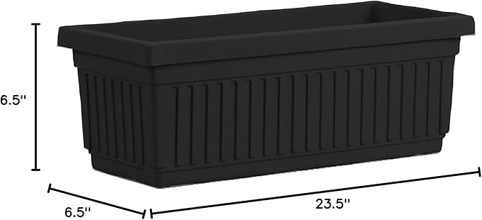 23.5 Inch Terra Roma Rectangular Window Planter Box - Lightweight Plastic Indoor Outdoor Plant Pot with Drainage for Windowsill, Herbs, Flowers, Black