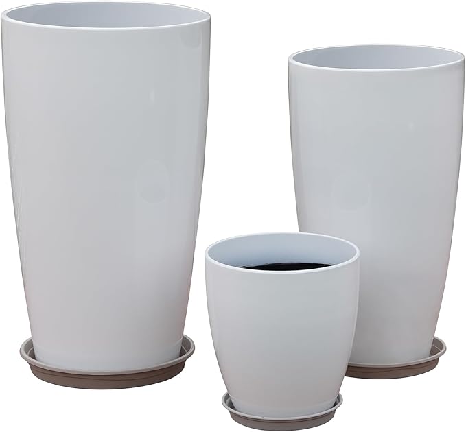 24,21,11 Inch Large Plastic Planters with Drainage Hole and Saucer - Set of 3 Tall Plant Pots Indoor Flower Pot Tall Round Planters Outdoor Large Tall Planter