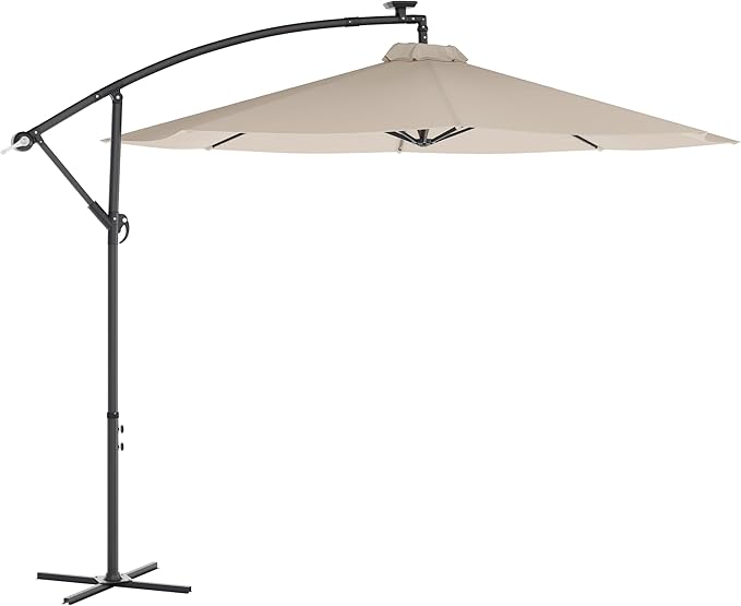 Flash Furniture Sedona Round Solar Cantilever Umbrella, Commercial Grade with Built in Cross Base, Crank and Tilt, 32 LED Lights, 6 Hour Run Time, 10 FT, Tan