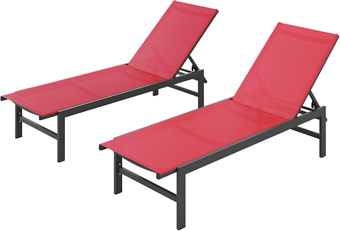 Outdoor Lounge Chairs Set of 2, Aluminum Patio Chaise Lounge Chairs with 5-Position Recliner, Pool Lounge Chairs for Backyard, Poolside, Deck, Lawn (Red)