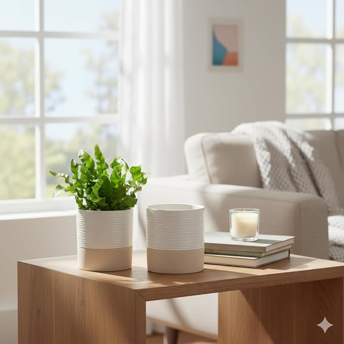 Nihow Self Watering Plant Pot for Indoor Plants: 4.5 Inch Ceramic Planter with Drainage Hole & Water Storage Plus - Cylinder Flower Pot with Wick for Herbs -White & Brown (Set of 2)