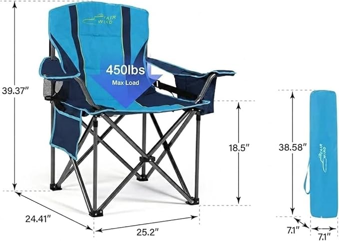 FAIR WIND 2 Pack Heavy Duty Camping Chair, Oversized Padded Folding Chair for Big and Tall (450lbs), Extra Wide Seat with Integrated Cooler & Storage Pocket, Adjustable Lumbar Support for Outdoor