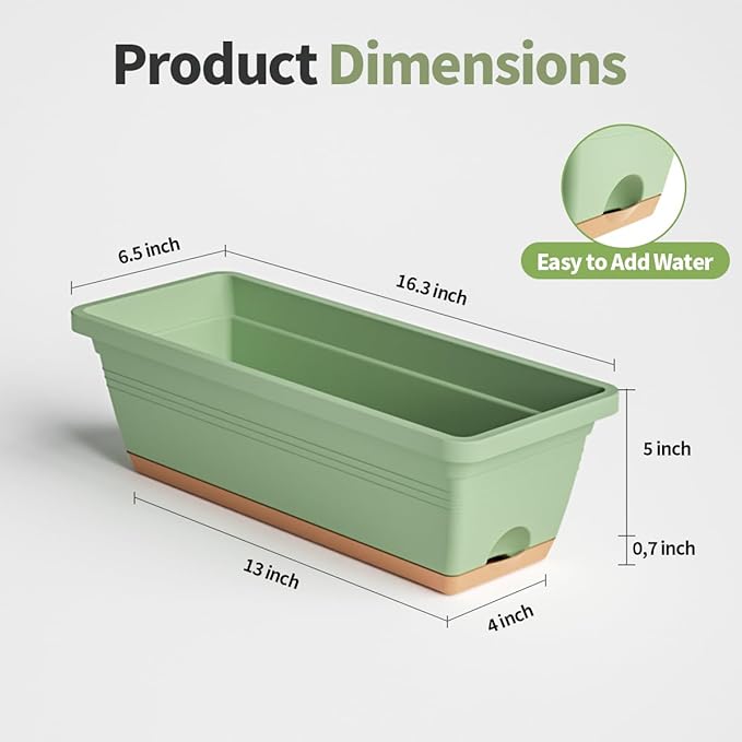 Window Box Planter, 6 Pack Plastic Vegetable Flower Window Planters Boxes 16 Inches Rectangular Flower Pots with Drainage Holes and Saucers (Green)