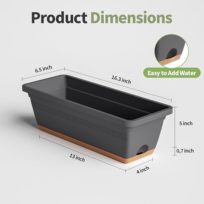 Window Box Planter, 6 Pack Plastic Vegetable Flower Window Planters Boxes 16 Inches Rectangular Flower Pots with Drainage Holes and Saucers (Mixcolor)