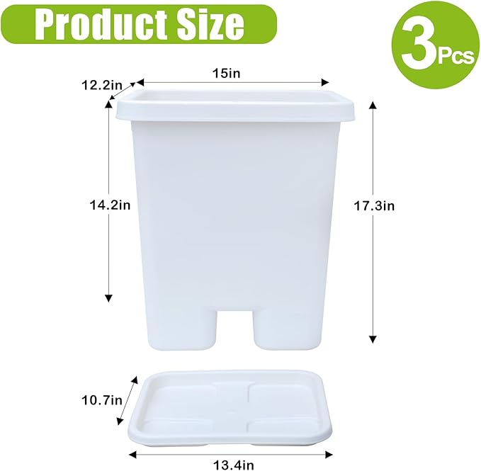 Growing Vegetable Planter Pot 3 Packs, 15 * 14.2 Inches Deep Rectangle Pots for Vegetable Fruit Flower, Large Planters with Trays, for Patio Garden Balcony Home Porch Yard Indoor Outdoor (White)