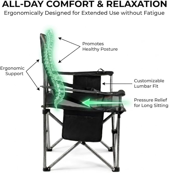 FAIR WIND 2 Pack Heavy Duty Camping Chair, Oversized Padded Folding Chair for Big and Tall (450lbs), Extra Wide Seat with Integrated Cooler & Storage Pocket, Adjustable Lumbar Support for Outdoor
