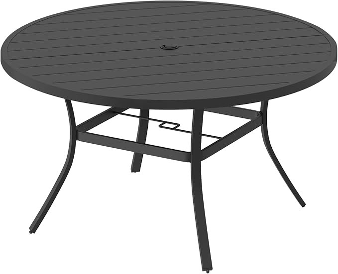MELLCOM 53'' Round Outdoor Dining Table for 6, Metal Patio Dining Table with Umbrella Hole, All-Weather Black Table for Porch, Garden, Backyard, Poolside, Lawn