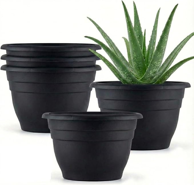 5 Pack 10 Inch Plant Pots Plastic Planters with Drainage Holes & Plugs,Lightweight Flower Pots for Indoor Outdoor Plants,Flowers,Monstera,Snake Plant,Home Garden(Black)