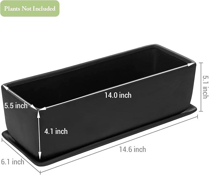 MyGift 14 Inch Ceramic Indoor Plant Pot, Rectangular Succulent Planter, Decorative Flower Planter with Drainage Hole and Removable Tray, Matte Black