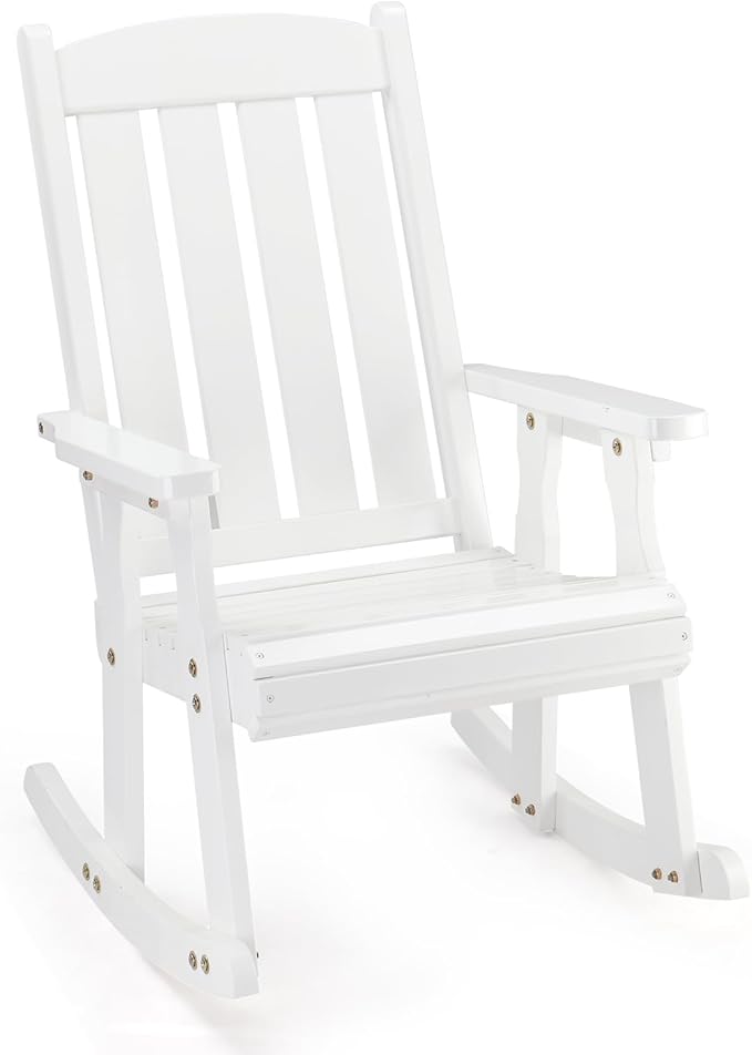 VINGLI Heavy Duty 600 LBS Outdoor Wooden Rocking Chair with Higher Backrest,Patio Rocking Chair with Ergonomic Design, Weatherproof Outdoor Rockers Suit for Patio, Garden, Balcony, Yard, White