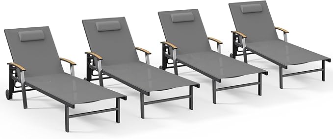 Ciokea Outdoor Lounge Chair with Pillow Set of 4, 5-Position Chaise Lounge with Wheels & Armrests, 400 lbs Heavy Duty Aluminum Pool Lounge Chairs, for Beach, Deck, Poolside & Backyard, Grey