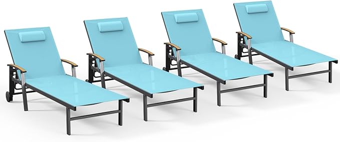 Ciokea Outdoor Lounge Chair with Pillow Set of 4, 5-Position Chaise Lounge with Wheels & Armrests, 400 lbs Heavy Duty Aluminum Pool Lounge Chairs, for Beach, Deck, Poolside & Backyard, Lake Blue