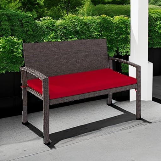 Best Choice Products Outdoor Bench 2-Person Wicker Garden Patio Benches Seating Furniture for Backyard, Porch w/Seat Cushion, 700lb Capacity - Brown/Red