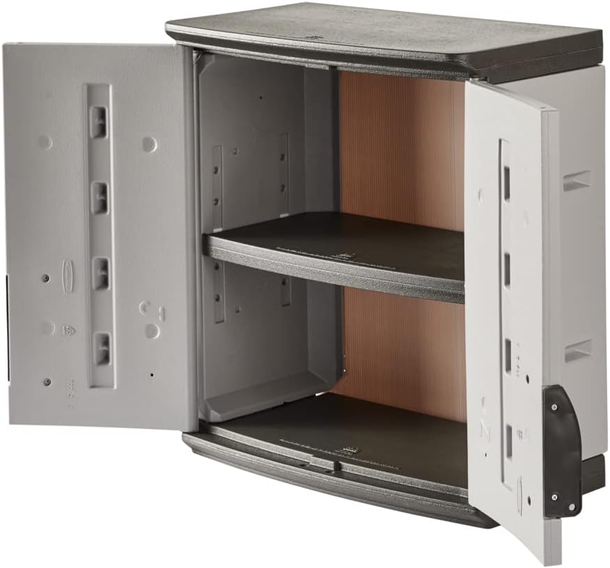 Rubbermaid Wall Mounted Storage Cabinet with Doors 150-Pound Capacity Gray Lockable Three-Shelf Cubbard for Tools/Car Accessories/Cleaning in Home/Garage/Outdoor Areas