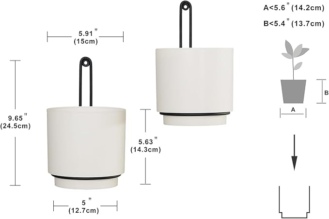 2 Pcs Wall Mounted Hanging Planter Vase for Indoor and Outdoor Plants Modern Metal Wall and Ceiling Planter Minimalist Flower Pot (White, 5.91 inch)