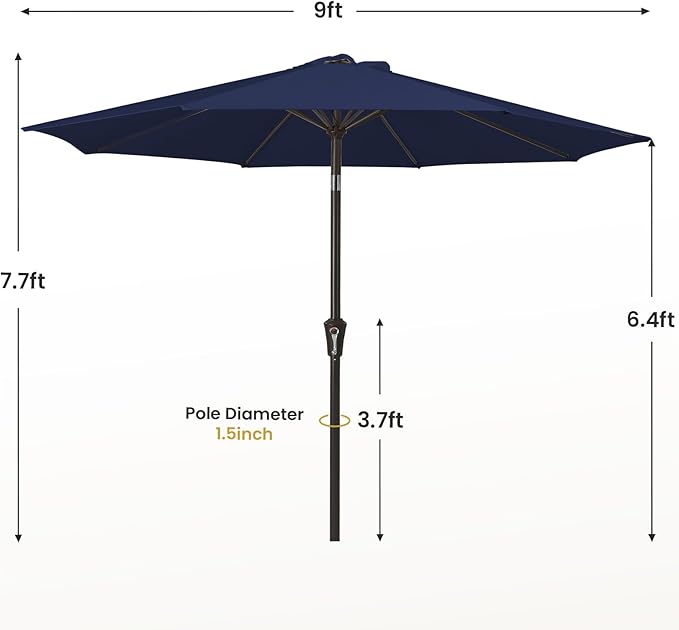 MEWAY 9ft Patio Umbrella Outdoor Table Umbrellas with Push Button Tilt and Crank, Market Umbrella 8 Sturdy Ribs for Deck, Garden, Pool and Backyard, Navy
