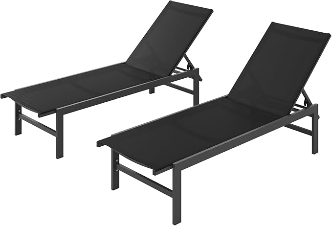 Outdoor Lounge Chairs Set of 2, Aluminum Patio Chaise Lounge Chairs with 5-Position Recliner, Pool Lounge Chairs for Backyard, Poolside, Deck, Lawn (Black)