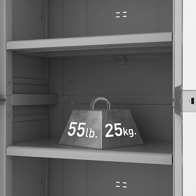 Keter Storage Cabinet with Doors and Shelves for Laundry Room, Garage, Bathroom Accessories, Closet and Home Organization, White & Grey