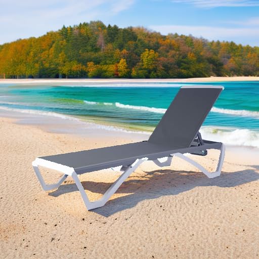 Kozyard Outdoor Chaise Lounge Chair, Full Flat Adjustable Patio Lounger with Aluminum Frame & Resin Legs, Textilene Fabric for Poolside, Backyard & Beach (Gray Without Table)