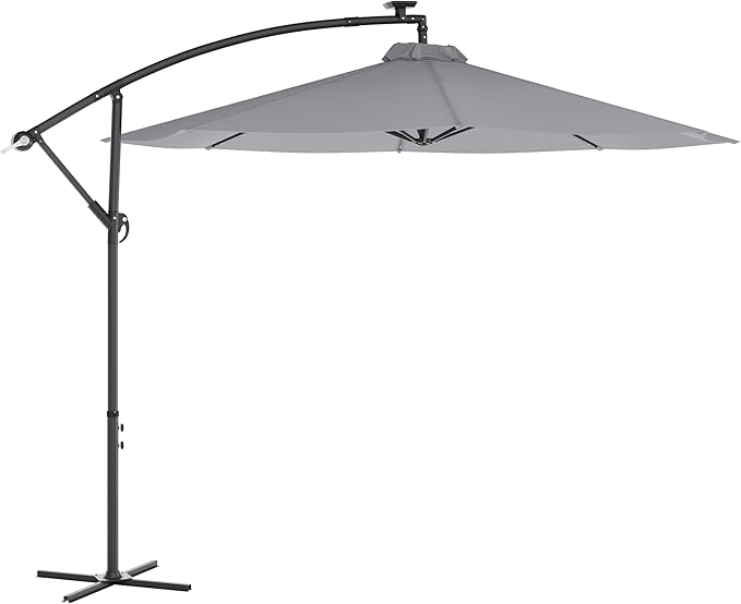 Flash Furniture Sedona Round Solar Cantilever Umbrella, Commercial Grade with Built in Cross Base, Crank and Tilt, 32 LED Lights, 6 Hour Run Time, 10 FT, Gray