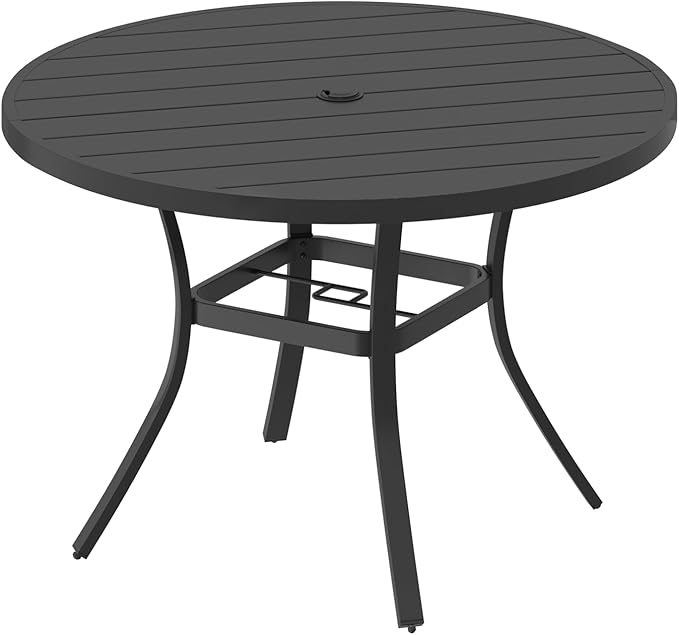 MELLCOM 42'' Round Outdoor Dining Table for 4, Metal Patio Dining Table with Umbrella Hole, All-Weather Black Table for Porch, Garden, Backyard, Poolside, Lawn
