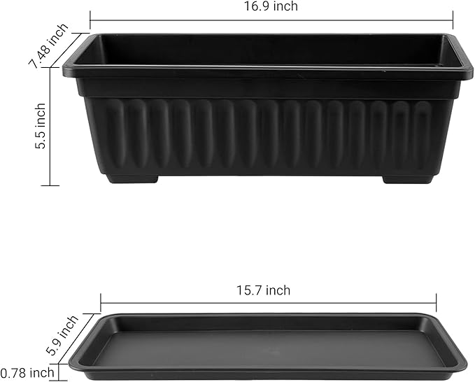 GREANER Rectangle Planters for Indoor Plants, 3 Pack Long Outdoor Plastic Flower Boxes Vegetable Growing Pots 16.9x7.48 Inch with Tray for Garden Balcony Windowsill House DIY - Black