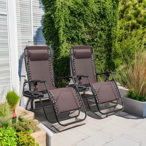Homall Zero Gravity Patio Folding Lawn Chairs Outdoor Gravity Camp Reclining Lounge Chair with Pillows for Poolside Backyard and Beach Set of 2 (Brown)