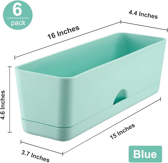 6 Pack Rectangle Planter 16x4.4 Inch Window Boxes Planters Rectangular Large Window Sill Planters Indoor Self Watering Plant Pots with Drainage Holes and Saucers Succulent Herb Flower Pots, Blue