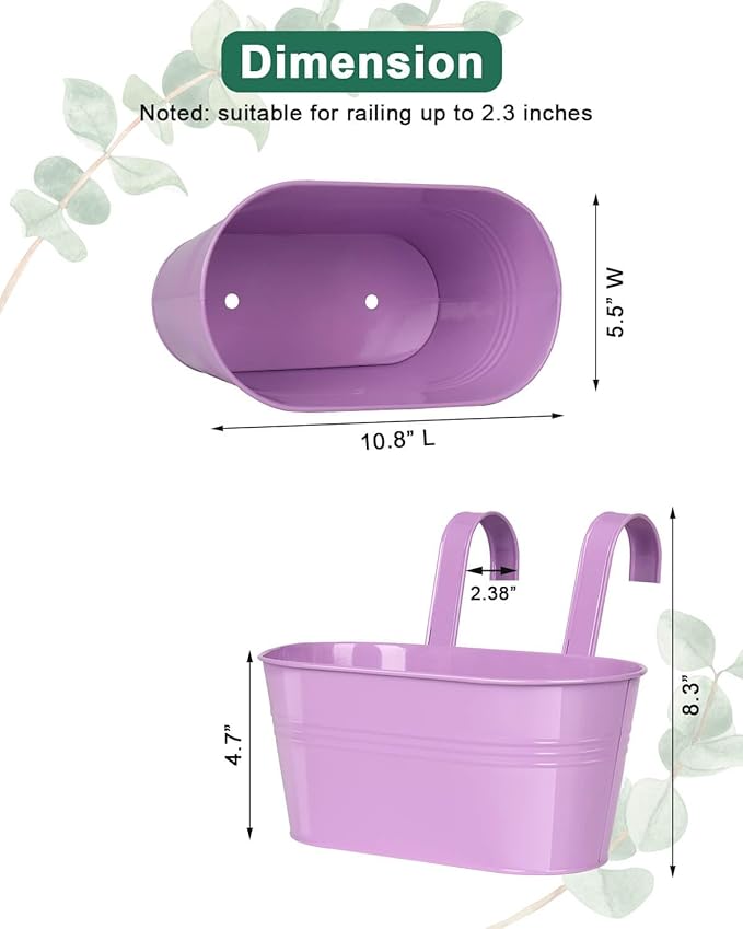 Railing planter box - 3 Pack Metal Hanging Flower Pots with Detachable Hooks & Drainage Holes, Window Oval Bucket Fence Hanging Planters for Outdoor Plants Garden Balcony Home Decor, Purple Pink Blue