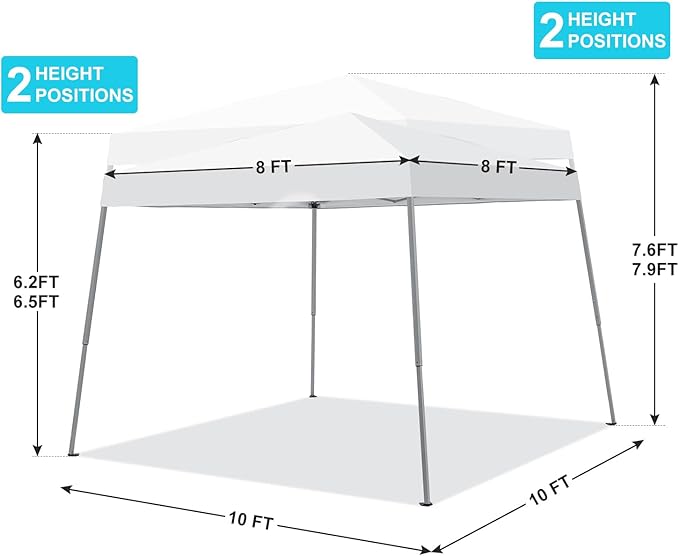 Canopy Tent, 10X10 FT Pop Up Canopy Outdoor Instant Tent Slant Legs with Carrying Bag, Portable Gazebo Shelter for Patio Deck Garden and Beach - 8X8 FT Canopy Cover (White)