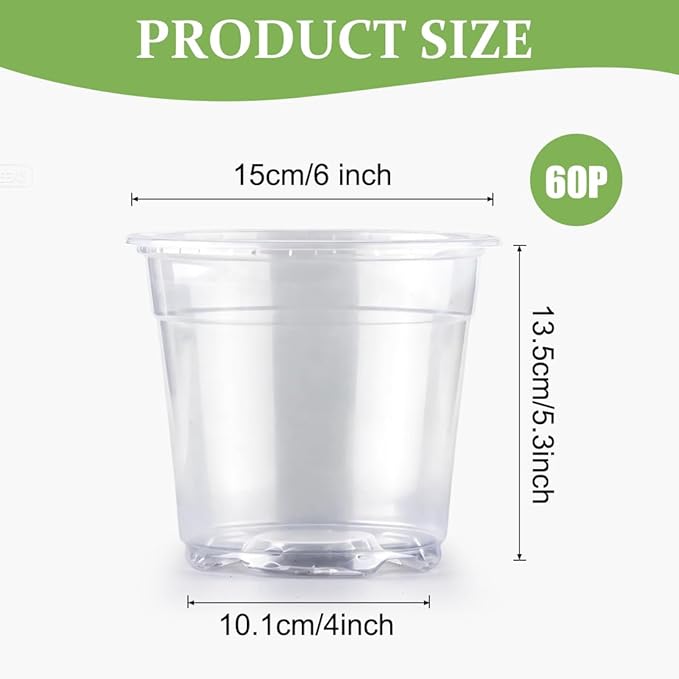 60 Pack 6 Inch Clear Nursery Pots for Plants, Flexible Plastic Plant Pots with Drainage Holes, Transparent Plant Starter Pots for Seedlings, Vegetable, Succulents, Flowers