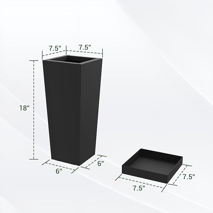 Tall Planters 18" H - 2 Pack, Tapered Pots with Drainage Insert Shelve & Trays, Metal Outdoor Planter Box for Porch, Garden, Patio, Yard (Black)