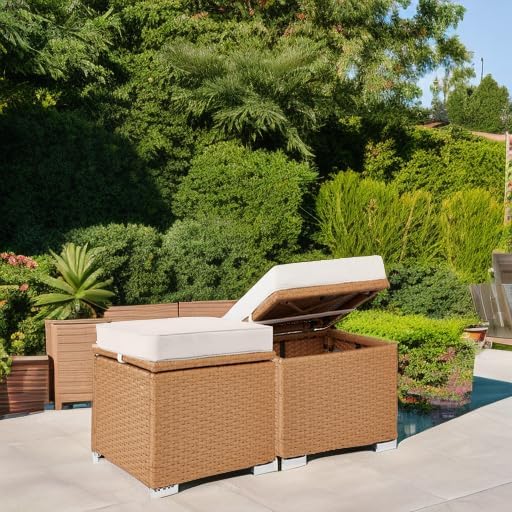 Best Choice Products Set of 2 Wicker Ottomans, Multipurpose Outdoor Furniture for Patio, Backyard, Additional Seating, Footrest, Side Table w/Storage, Removable Cushions - Natural/Ivory