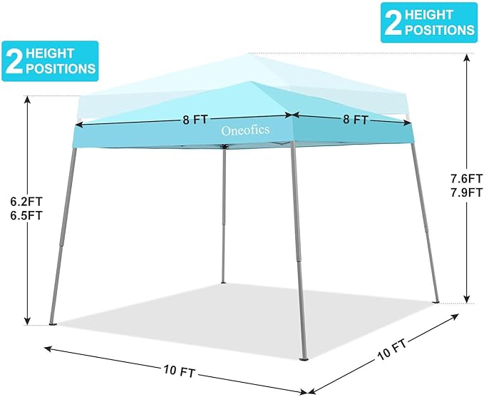 Canopy Tent, 10X10 FT Pop Up Canopy Outdoor Instant Tent Slant Legs with Carrying Bag, Portable Gazebo Shelter for Patio Deck Garden and Beach - 8X8 FT Canopy Cover (Cyan Blue)