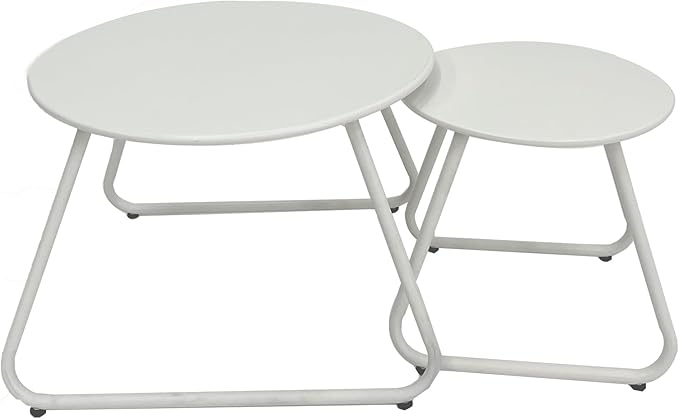 Patio Outdoor Coffee Table Set of 2, Weather Resistant Steel Round End Tables, Outdoor Nesting Table for Patio, Balcony, Bistro and Indoor, Black (White)
