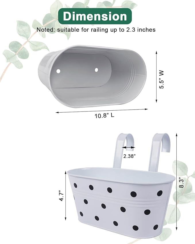 Railing planter box - 3 Pack Metal Hanging Flower Pots with Detachable Hooks & Drainage Holes, Window Oval Bucket Fence Hanging Planters for Outdoor Plants Garden Balcony Home Decor, White with Spot