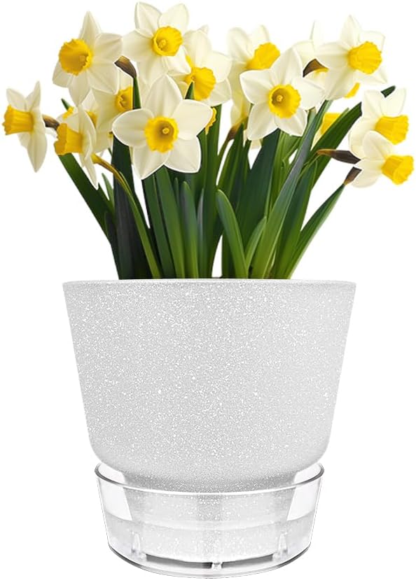 6-Inch Self-Watering Plant Pot with Visual Reservoir and Drainage Hole, Set of 5, Plastic Flower Pots, Planting Pot for Indoor Outdoor Plants (Frosted Mixed Color)