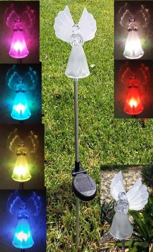 Solar Garden Stake Lights with Color Changing LED or Regular White LED Landscape Path Lights (Set of 2) (Angel with Fiber Optic Wings)