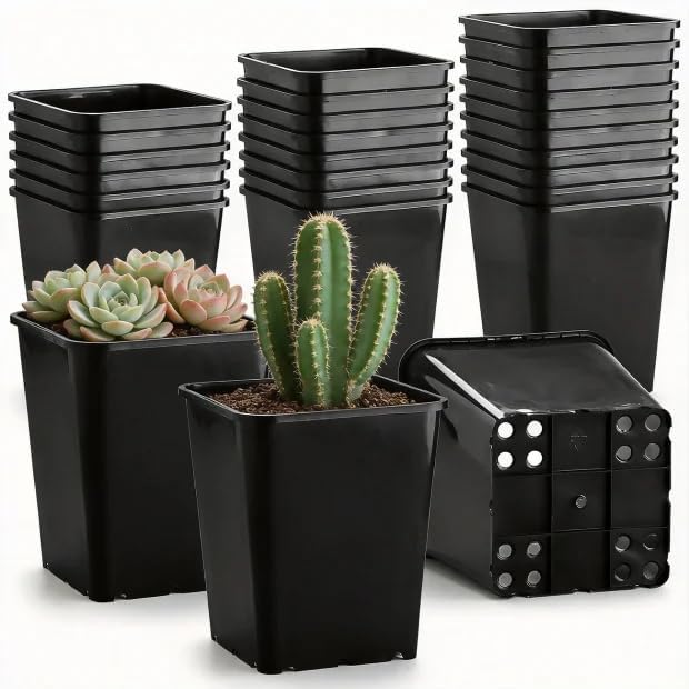 Nursery Pots 6 Inch 40 Pcs, Plastic Seed Starting Pot with Drainage Holes, Sturdy Seedling pots for Planting, Cuttings (Black)