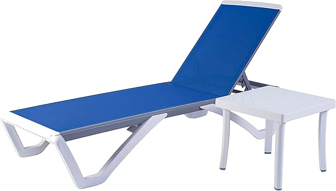 Kozyard Outdoor Chaise Lounge Chair, Full Flat Adjustable Patio Lounger with Aluminum Frame & Resin Legs, Textilene Fabric for Poolside, Backyard & Beach (Blue, Chair with Table)