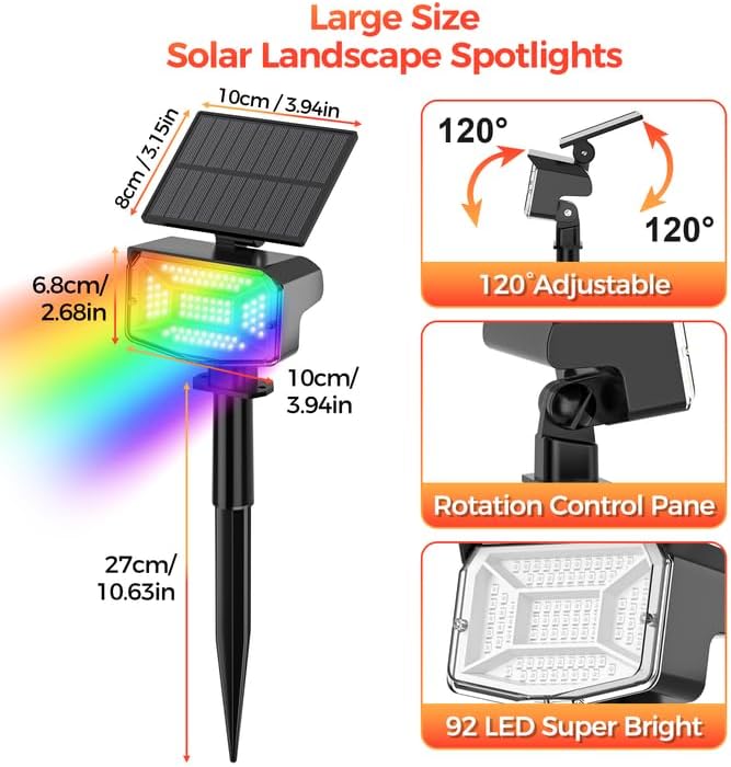 Solar Lights Outdoor Color Changing, 85 LEDs 9 Lighting Modes RGB Solar Outdoor Lights, IP67 Waterproof Multicolor Landscape Spotlights for Halloween Holiday Decorations (2 Pack)