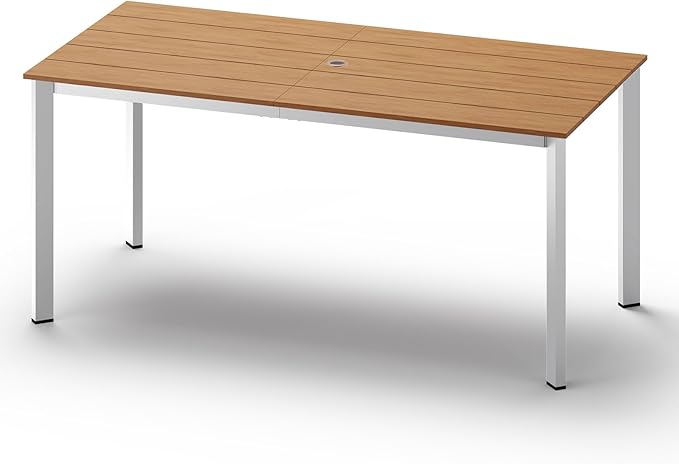 Outdoor Patio Dining Table, Aluminum & HDPS Outdoor Table with Umbrella Hole, All-Weather for Deck, Garden, Lawn, Backyard, Poolside (White & Teak)