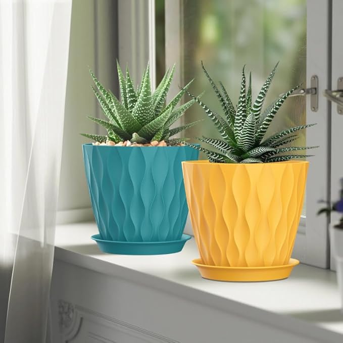 7 Inch Plant Pots 5 Pack, Flower Planters with Drainage Holes and Trays,Plastic Pots for Indoor Outdoor Plants,Multicolor