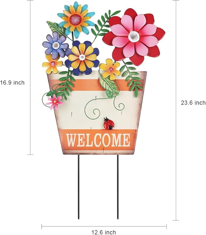 hogardeck Garden Decor for Outside, Metal Flower Pot Decorative Garden Stakes with Flowers for Spring Decor, Yard Art Welcome Sign for Outdoor Garden Lawn Backyard Porch Patio Decorations
