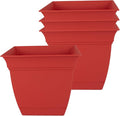The HC Companies 6 Inch Eclipse Square Planter Pots with Drainage Holes & Attached Saucer, Lightweight UV-Resistant Plastic Indoor Outdoor Planters, 4-Pack Flower Pots for Garden & Home Decor, Red