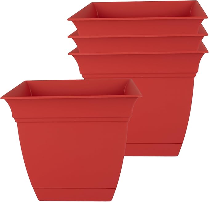 The HC Companies 6 Inch Eclipse Square Planter Pots with Drainage Holes & Attached Saucer, Lightweight UV-Resistant Plastic Indoor Outdoor Planters, 4-Pack Flower Pots for Garden & Home Decor, Red