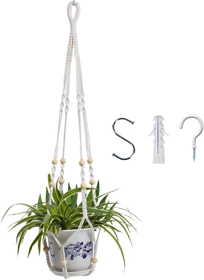 feedee Macrame Plant Hanger, Hanging Planters for Indoor Plants Holder with Wood Beads, Hanging Plant Holder for Indoor Outdoor, Gifts for Plant Lovers, Boho Home Decor Plant Hanger, Ivory