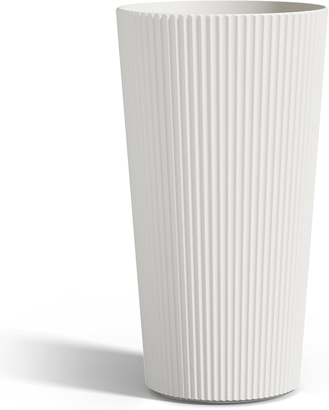 FONTOI 23.6" Tall Planter for Outdoor Plants Set of 2 Large Outdoor Plastic Striped Flower Pots, Front Porch Furniture, Garden Pots, Decorative Planters for Indoor/Outdoor, Patio, Balcony, White
